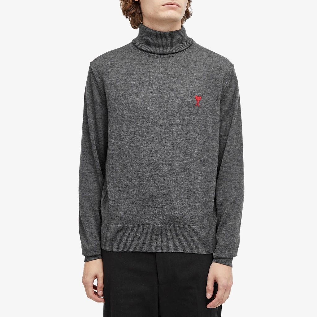 AMI Paris Men's Small A Heart Roll Neck Knit Heather Grey